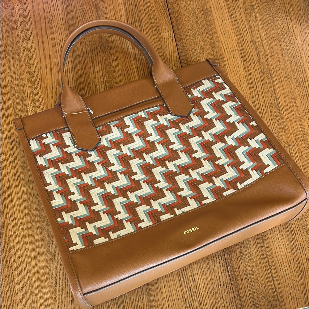 Fossil Tan and White Tote Bag